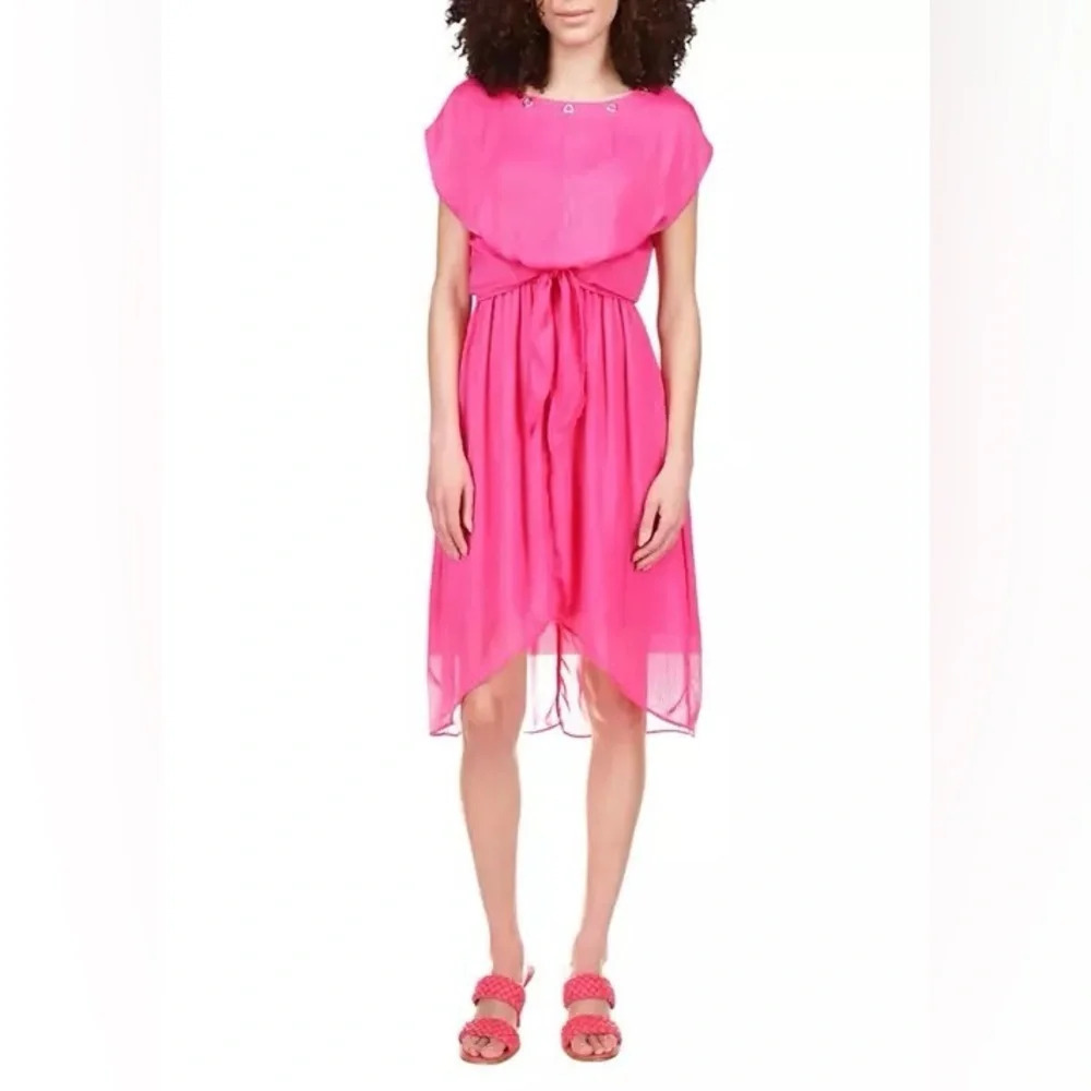 New! Michael Kors Capsule Tie Front Ruffled High Low Satin Dress, pink 16324